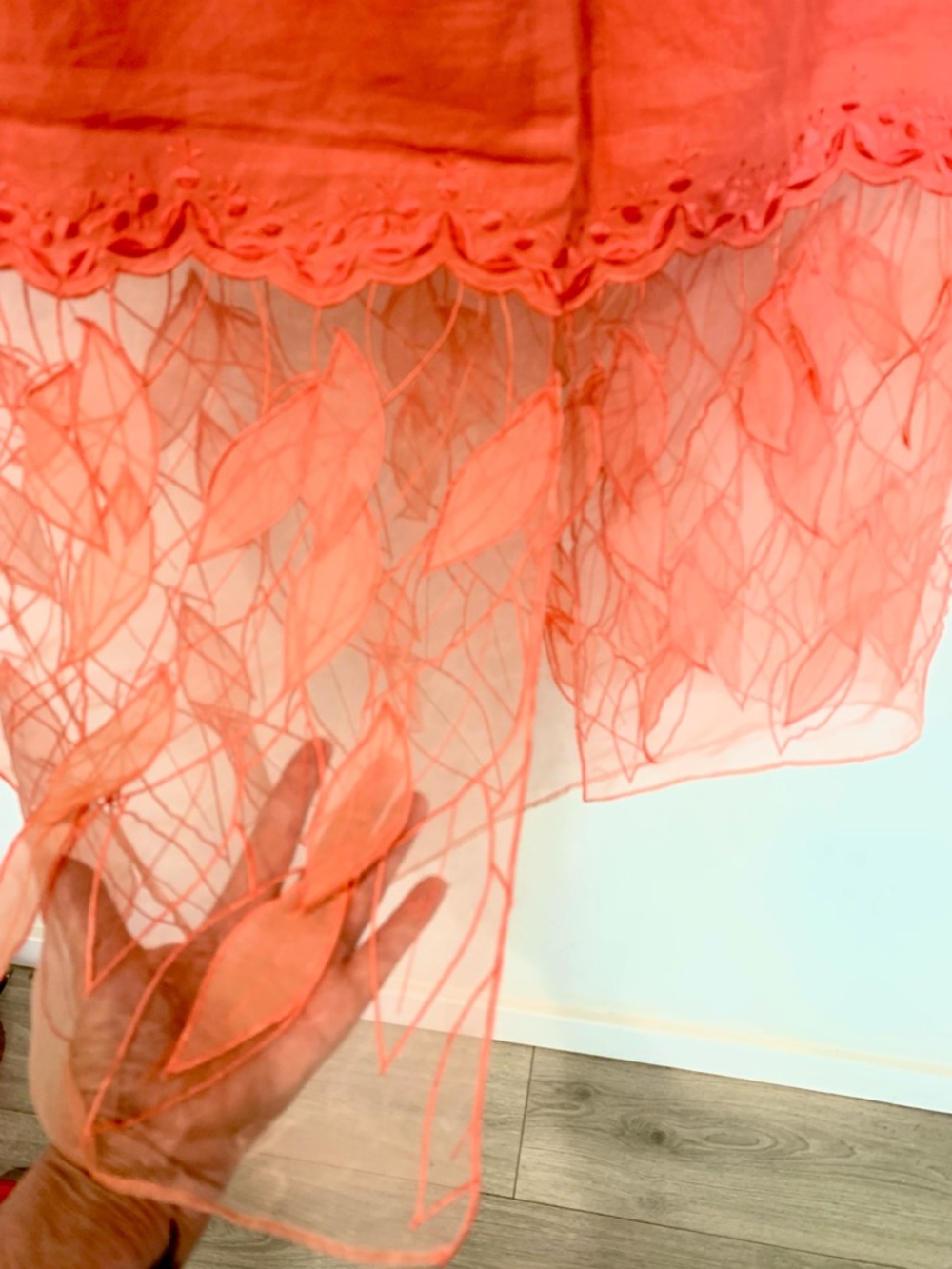 Coral Embroidered Leaf Lace Hem Midi Skirt, 100% linen - Picture 3 of 7